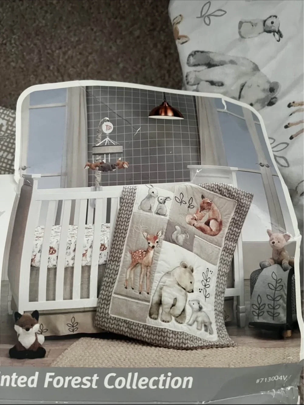 Woodland Friends Nursery Quilt - Neutral Tan & White, crib sheet and bed shirt
